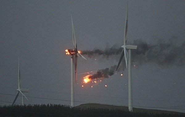 Wind turbine burning in Scotland after lightning strike. Lightning is 