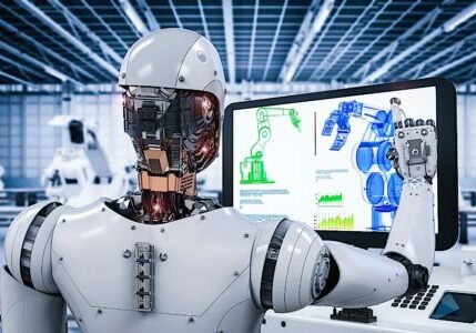 Engineered-Design-Insider-AI Robot working in a factory dreamstime_xl_91432351Oil-Gas-Automotive-Aerospace-Industry-Magazine Robot with AI interfacing with a computer in a factory environment. (Concept.)